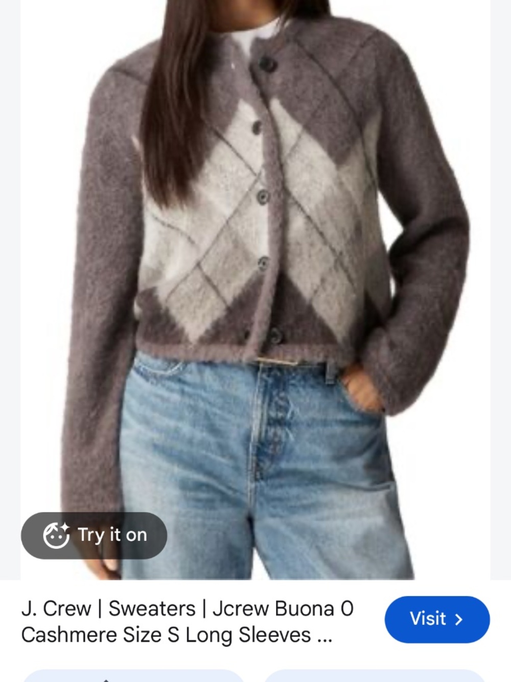 J.Crew Argyle Wool Alpaca Blend Fuzzy Cardigan Gray Multi Size L CO885